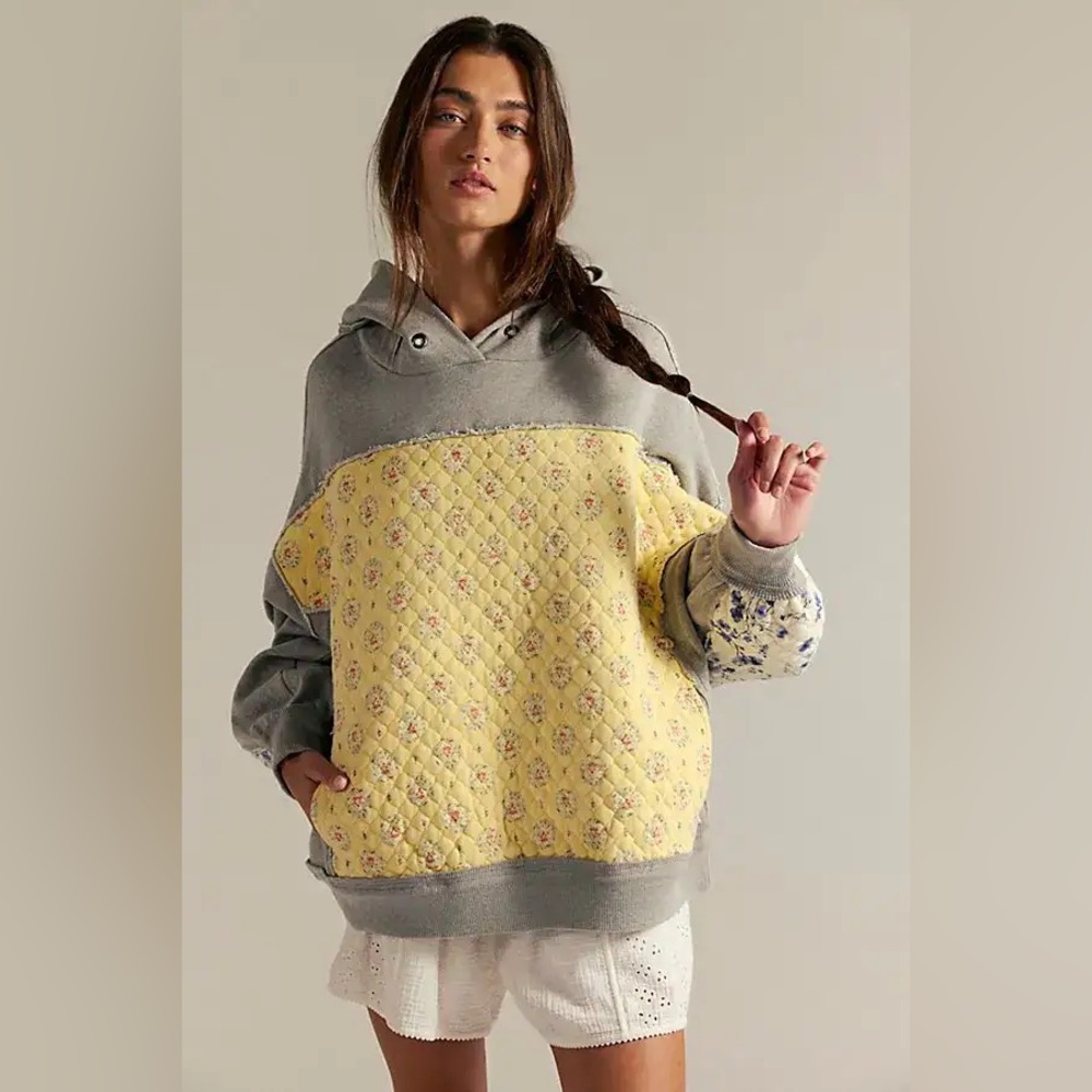 We The Free Quilted Yellow & Gray Floral-Accent Hoodie